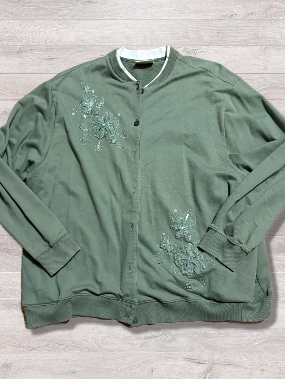 Vintage Alfred Dunner Woman Green Button Cardigan Floral Embroidered Sweater XL